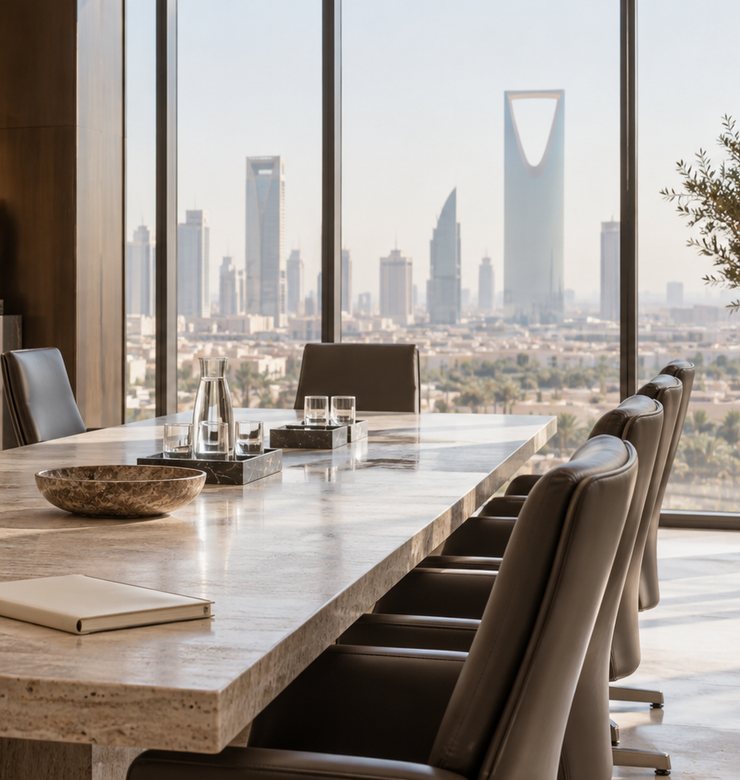 Executive boardroom overlooking the Riyadh skyline and Kingdom Centre