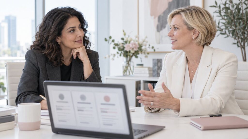 Two executives reviewing candidate profiles on a laptop