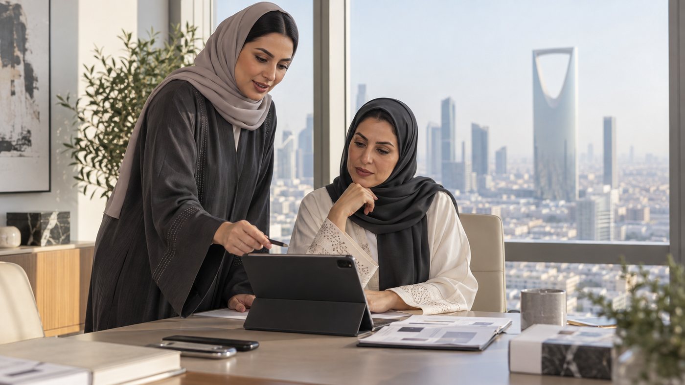 Two professionals working together in a Riyadh office overlooking the Kingdom Centre