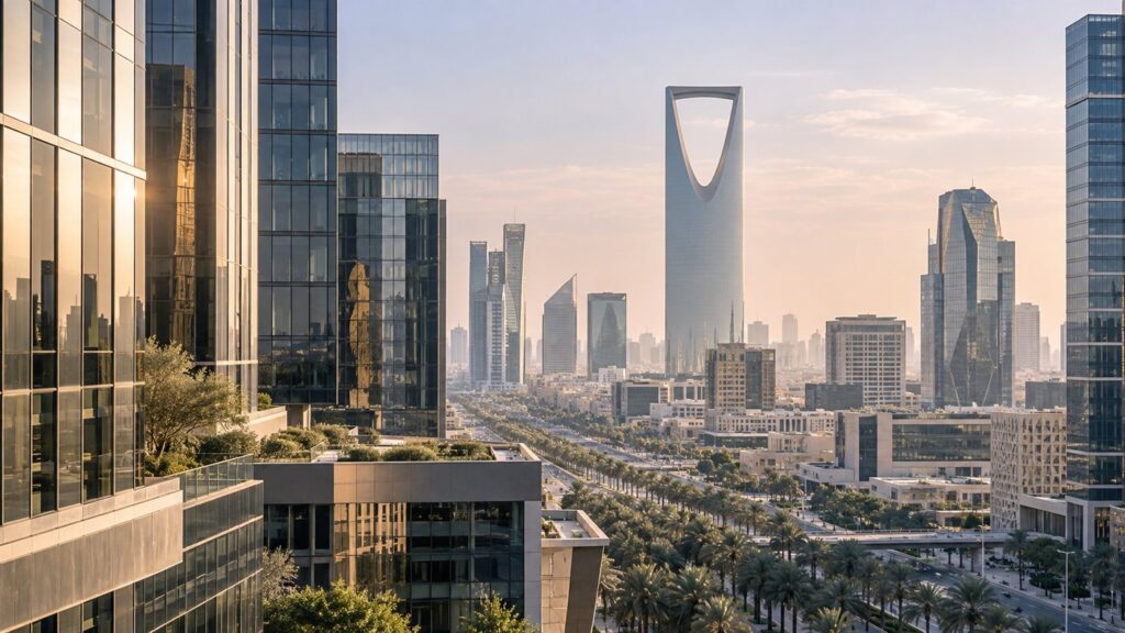 Riyadh skyline with the Kingdom Centre at sunrise
