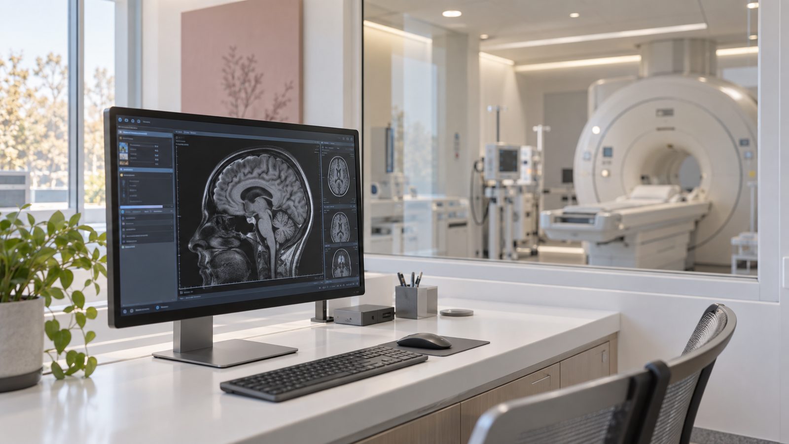 Healthcare technology: medical imaging workstation beside an MRI suite