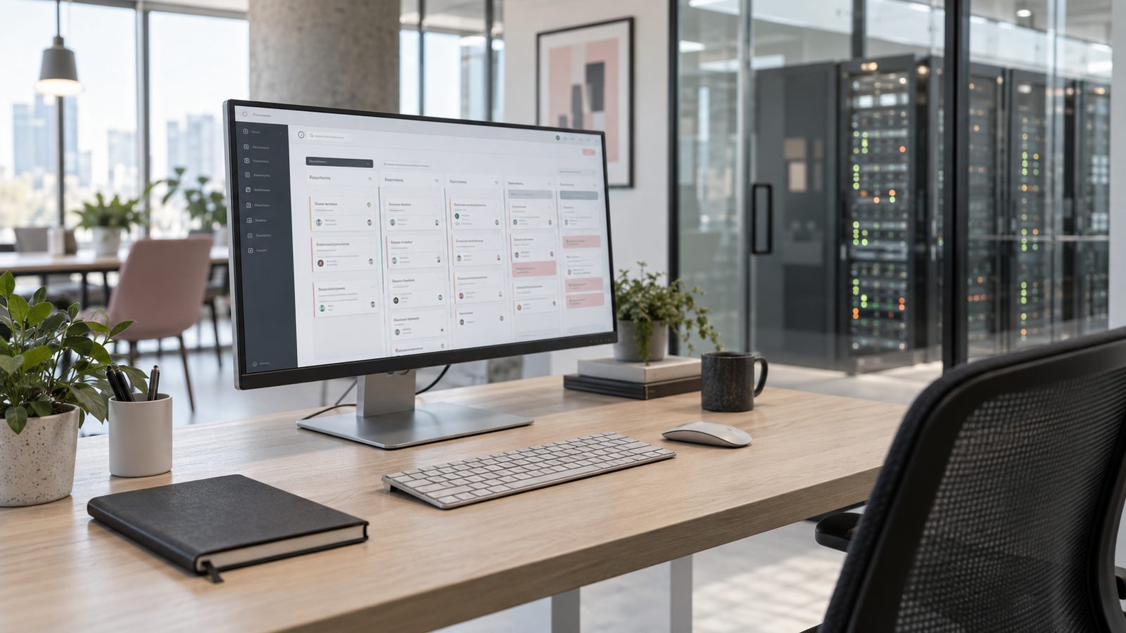 IT infrastructure project delivery: modern tech office next to a server room