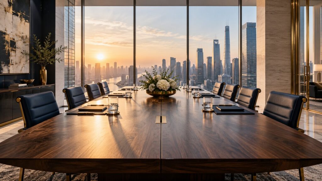 Executive boardroom overlooking a city skyline – technology and digital leadership hiring