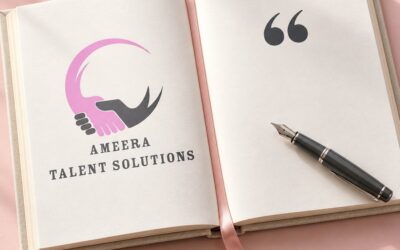 Open book with the Ameera Talent Solutions logo and a quotation mark – testimonials in their own words
