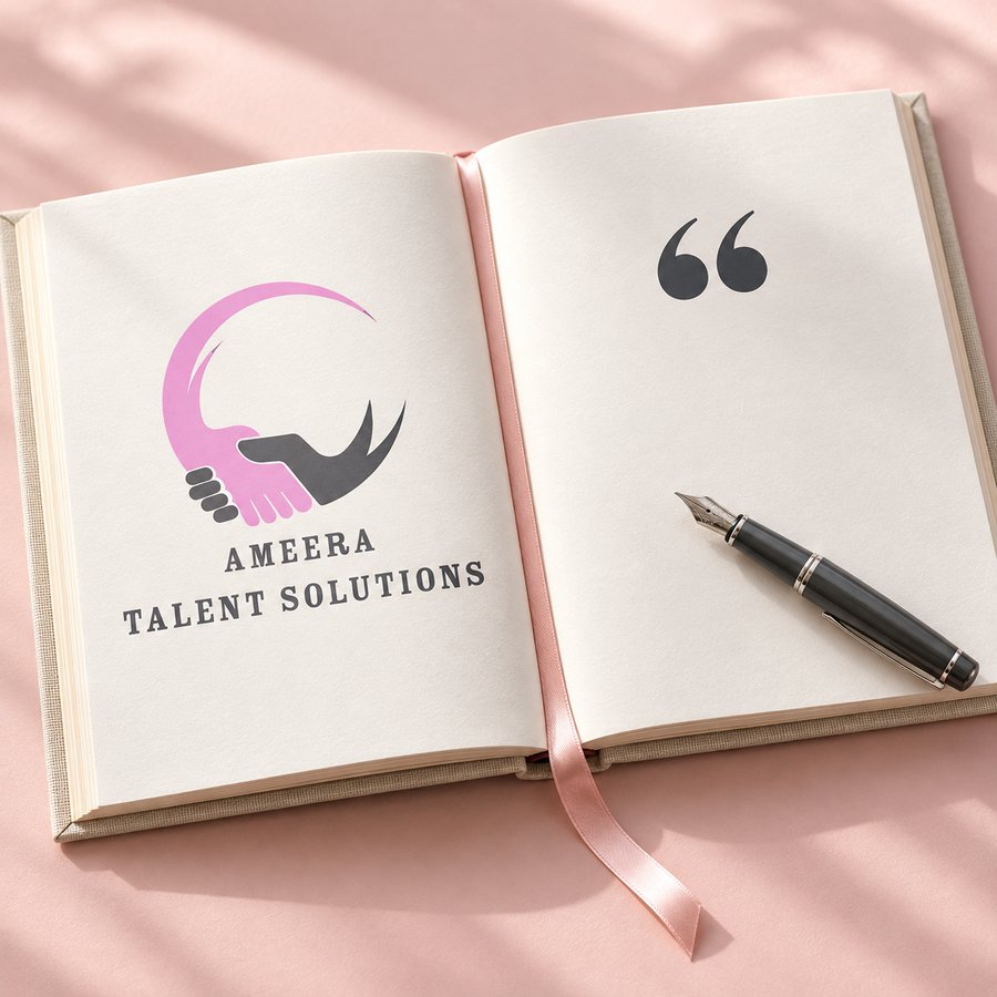 Open book with the Ameera Talent Solutions logo and a quotation mark – testimonials in their own words